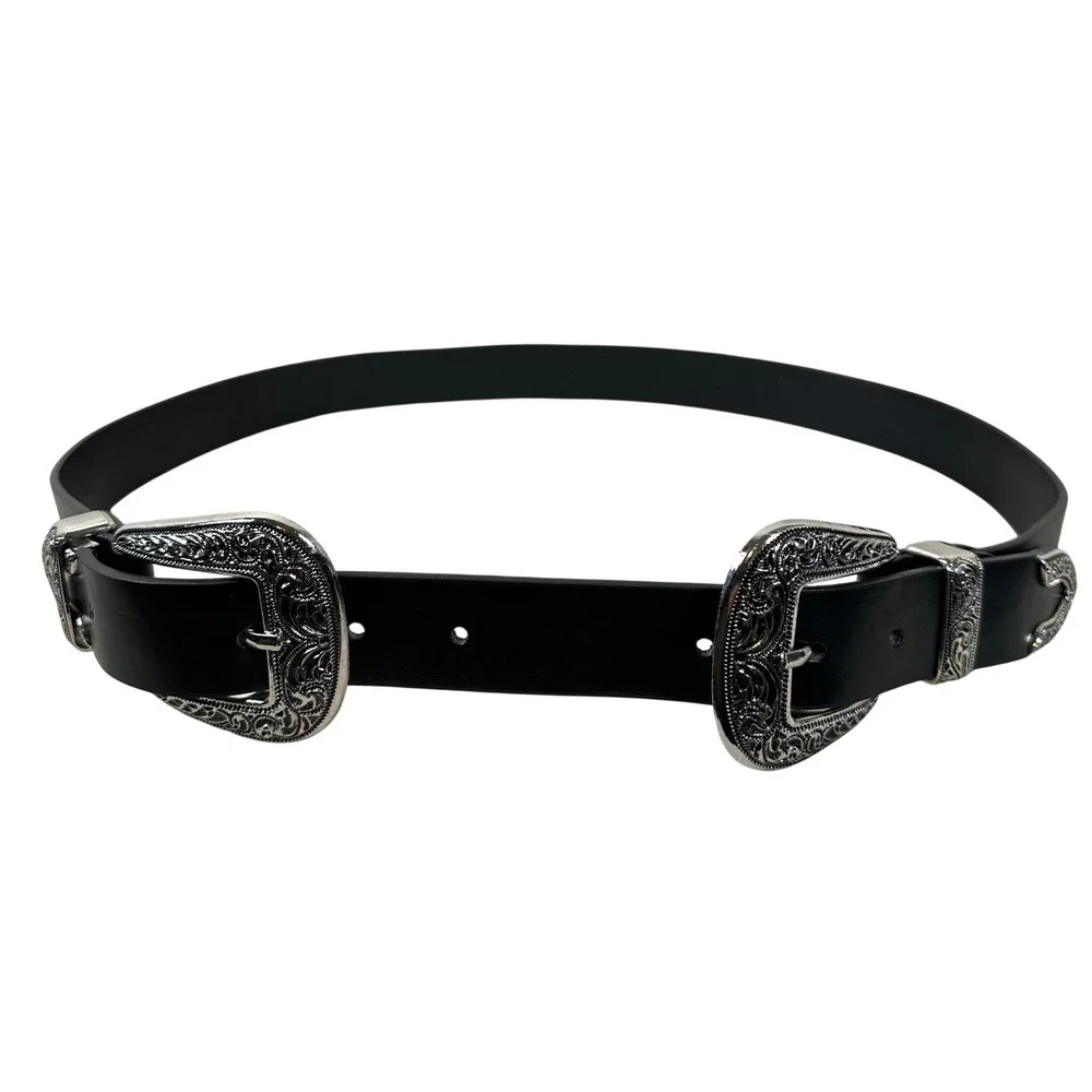 Black‎ Double Buckle Western Belt Silver Ornate Engraved Floral Vegan Leather
